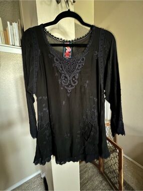 Johnny Was Navy Black Embroidered V-Neck Tunic